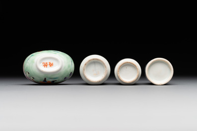 Four Chinese famille rose, verte and blue and white snuff bottles, Qianlong mark, 19/20th C.