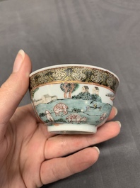 A fine Chinese famille rose 'apple pickers' cup and saucer, Yongzheng