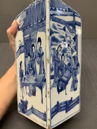 A Chinese blue and white square bottle with figural design, Kangxi