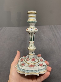 A pair of rare Chinese export famille rose candlesticks with floral design, Yongzheng/Qianlong