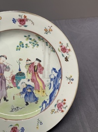 Two Chinese famille rose plates and an Imari-style armorial plate, Kangxi/Yongzheng