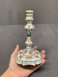 A pair of rare Chinese export famille rose candlesticks with floral design, Yongzheng/Qianlong