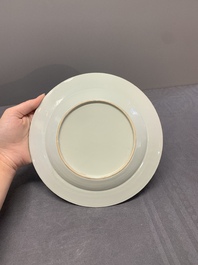 Two Chinese famille rose plates and an Imari-style armorial plate, Kangxi/Yongzheng