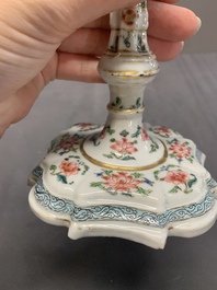 A pair of rare Chinese export famille rose candlesticks with floral design, Yongzheng/Qianlong