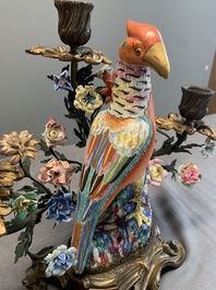 A pair of candle holders mounted with Chinese famille rose models of pheasants, Qianlong