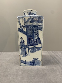 A Chinese blue and white square bottle with figural design, Kangxi