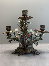A pair of candle holders mounted with Chinese famille rose models of pheasants, Qianlong