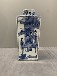 A Chinese blue and white square bottle with figural design, Kangxi