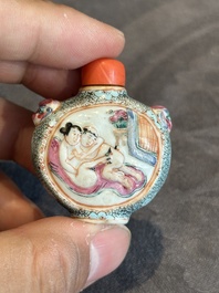 Four Chinese famille rose snuff bottles, Qianlong and Daoguang mark, 19/20th C.