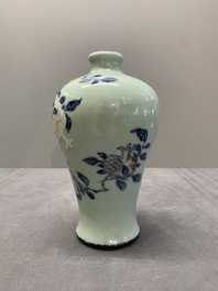 A rare Chinese blue, white and iron-red celadon-ground 'pomegranate' 'meiping' vase, Qianlong mark and of the period
