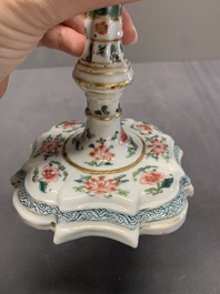 A pair of rare Chinese export famille rose candlesticks with floral design, Yongzheng/Qianlong