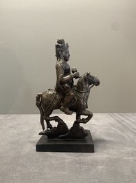 A rare Chinese bronze Vaishravana on horseback with wooden stand, Yuan