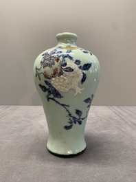 A rare Chinese blue, white and iron-red celadon-ground 'pomegranate' 'meiping' vase, Qianlong mark and of the period