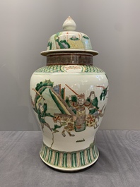 A pair of famille verte-style 'warriors on horseback' vases and covers, Samson, Paris, 19th C.