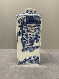 A Chinese blue and white square bottle with figural design, Kangxi