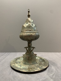 A Chinese bronze 'immortal' 'boshanlu' censer and cover with a tomobako, Western Han