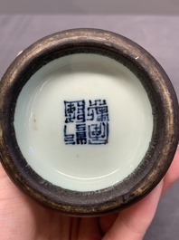 A rare Chinese blue, white and iron-red celadon-ground 'pomegranate' 'meiping' vase, Qianlong mark and of the period