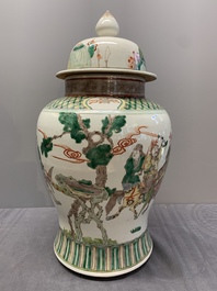 A pair of famille verte-style 'warriors on horseback' vases and covers, Samson, Paris, 19th C.