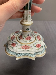 A pair of rare Chinese export famille rose candlesticks with floral design, Yongzheng/Qianlong
