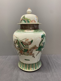 A pair of famille verte-style 'warriors on horseback' vases and covers, Samson, Paris, 19th C.