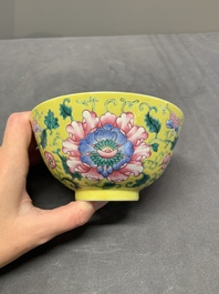 A Chinese famille rose yellow-ground 'peony' bowl, 20th C.
