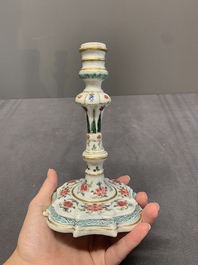 A pair of rare Chinese export famille rose candlesticks with floral design, Yongzheng/Qianlong