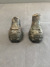 Two Chinese archaic bronze study fragments, Eastern Zhou