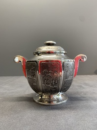 Two Vietnamese silver teapots and a sugar bowl and cover, marked Donghung, ca. 1900