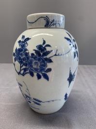 A Chinese blue and white jar and cover with birds among flowering branches, Transitional period
