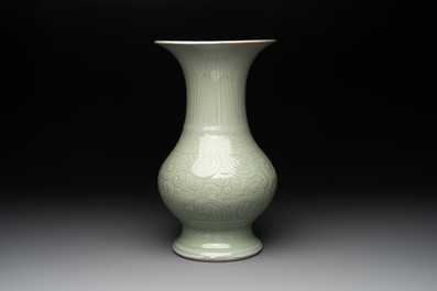 A Chinese incised celadon-glazed 'chilong' vase, Kangxi