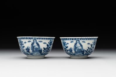 A pair of Chinese blue and white 'Catholic subject' cups and saucers with Madonna and child, Kangxi