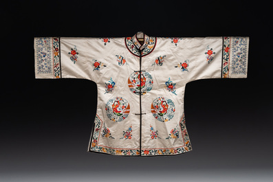 Two Chinese embroidered silk women's robes, 19/20th C.