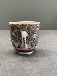 A Chinese famille rose dish, a teapot, a milk jug and a cup, Yongzheng/Qianlong