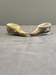 Two Chinese sancai-glazed shoes with flowers and butterflies design, Kangxi