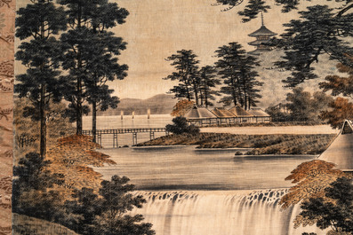 A Japanese embroidered wall tapestry with a river landscape, Meiji/Taisho, 19/20th C.