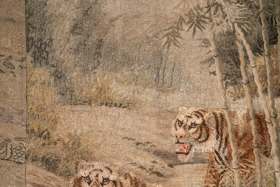 A Japanese embroidered silk wall tapestry with two tigers, Meiji, 19th C.
