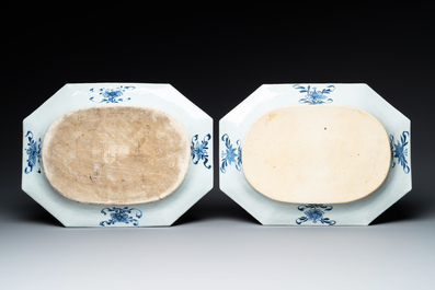 A pair of octagonal Chinese blue and white 'court ladies' dishes, Yongzheng