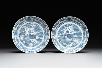RETURNED 10/12/24 Five Chinese Swatow blue and white 'rooster' plates, Ming
