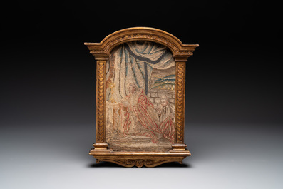 Two ornately carved decorative panels and a niche with an embroidered scene, France, 16/18th C.