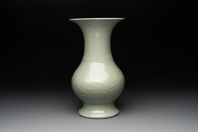 A Chinese incised celadon-glazed 'chilong' vase, Kangxi