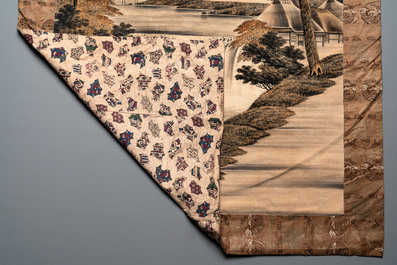 A Japanese embroidered wall tapestry with a river landscape, Meiji/Taisho, 19/20th C.