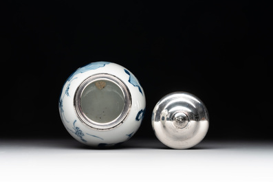 A Chinese blue and white 'Long Eliza and playing boys' tea caddy with silver mount and cover, Kangxi