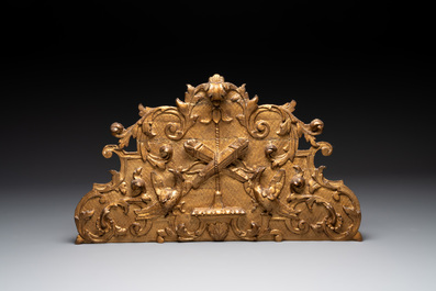Two ornately carved decorative panels and a niche with an embroidered scene, France, 16/18th C.