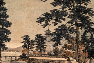 A Japanese embroidered wall tapestry with a river landscape, Meiji/Taisho, 19/20th C.