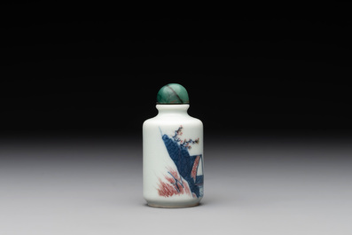 A Chinese blue, white and copper-red 'fisherman' snuff bottle, Qing Yang Dao Ren 卿陽道人 mark, 19th C.