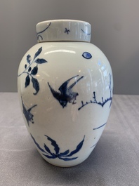 A Chinese blue and white jar and cover with birds among flowering branches, Transitional period
