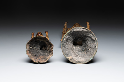 Two Thai mica-inlaid gilt bronze standing Buddhas in Rattanakosin-style, 19th C.