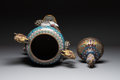 A pair of large and impressive Chinese cloisonn&eacute; 'dragons and cranes' censers and covers, 19/20th C.