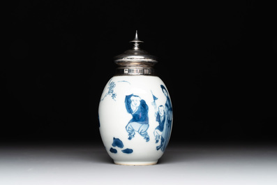 A Chinese blue and white 'Long Eliza and playing boys' tea caddy with silver mount and cover, Kangxi
