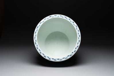 A large Chinese blue and white fish bowl with birds, deer, insects and flowering branches, 19th C.